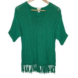 Chico's Shaina Woven Short Sleeve Green Top with Fringe Hem